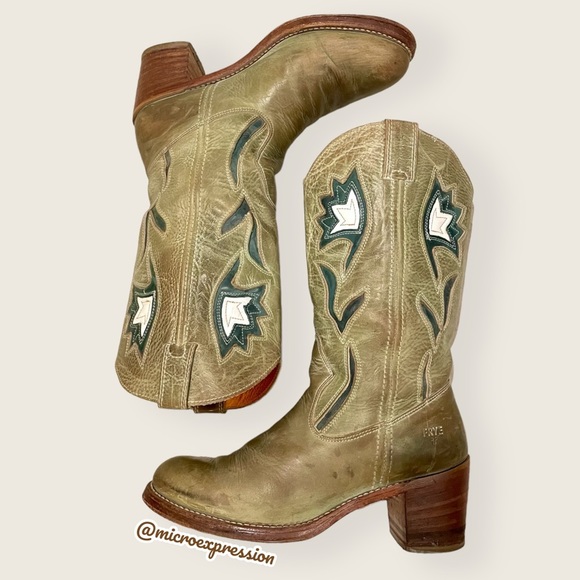 VINTAGE Frye Floral Inlay Green Boho Leather Chunky Heel Pull On Campus Boot - Picture 10 of 10